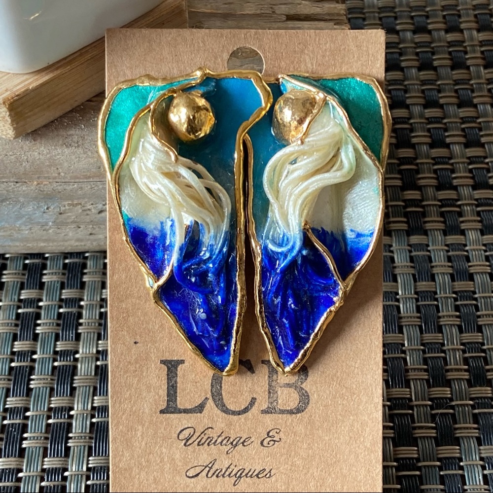 Vintage Large Handmade Blue, Green, White, and Golden Boho Earrings, Wings